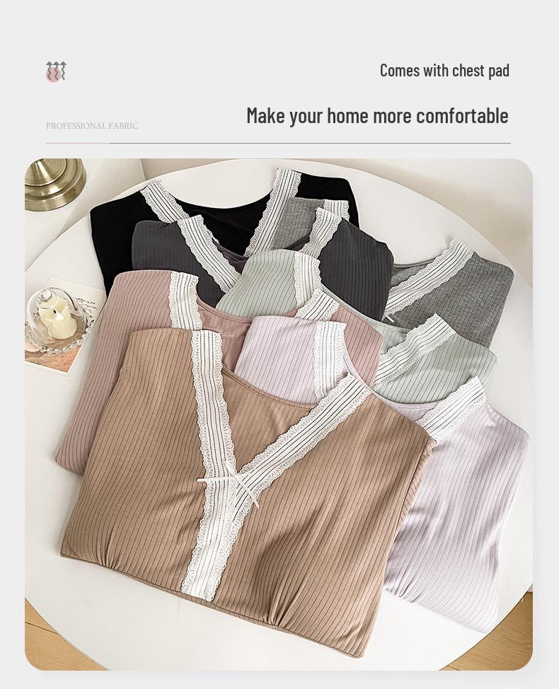 Women's Summer Pajama Set - Three-Piece Short-Sleeve Top, Long & Short Pants with Chest Pads, Lace Design, Wear Indoors or Out.
