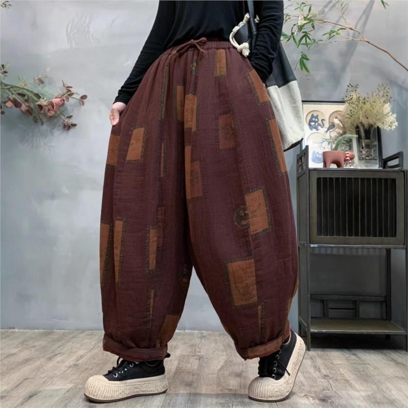 Johnature Pantalones harén con estampado de estilo vintage para mujer, pantalón holgado, informal, con cintura elástica, estilo chino, moda de invierno