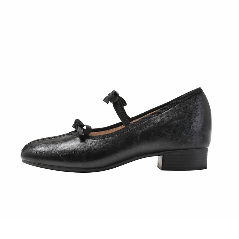 Inner Height Increase Single Shoes Women's Retro One-pedal Bow Square Head Shallow Mouth Ballet Shoes Women's Mary Jane Shoes Small Size
