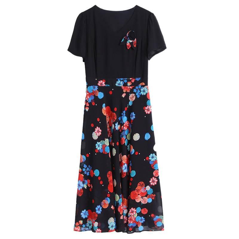Women's Elegant Waist-Cinching Summer Chiffon Dress - Short-Sleeve, Two-Piece Look with Printed Design
