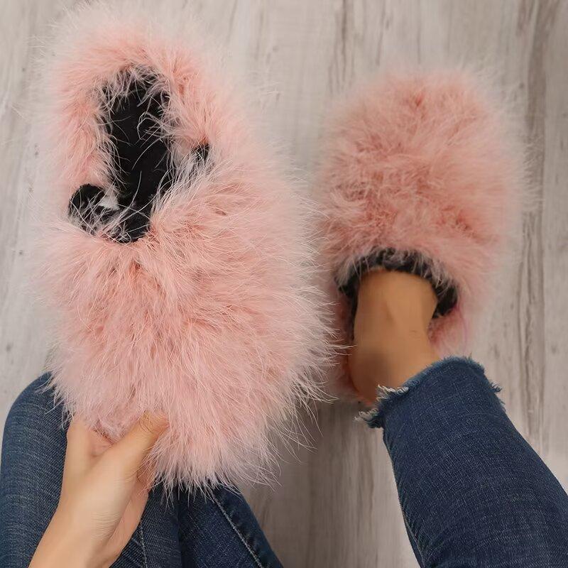 Fashion Women Luxury Fur Slippers 2025 New Lightweight Flat Half Slippers Outdoor Baotou Shoes Women Fashion Round Toe Fur Slides Woman