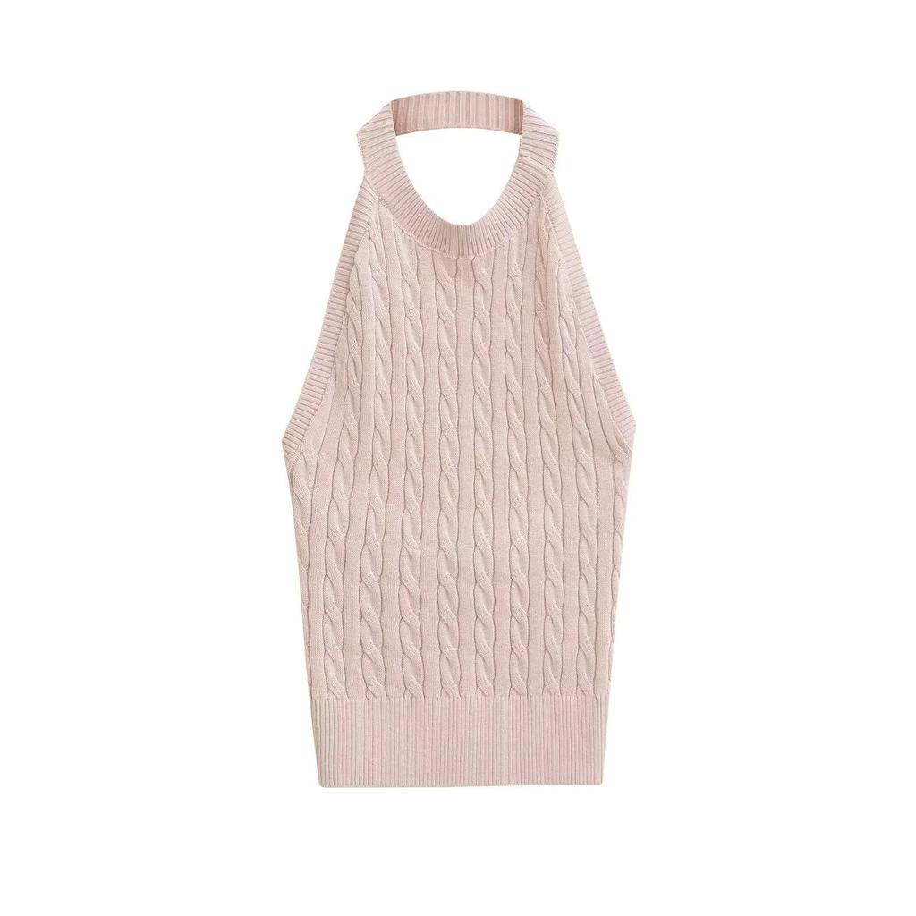 Spicy Retro Cable Knit Halter Backless Tank - Women's Autumn/Winter Slim Fit Sleeveless Top