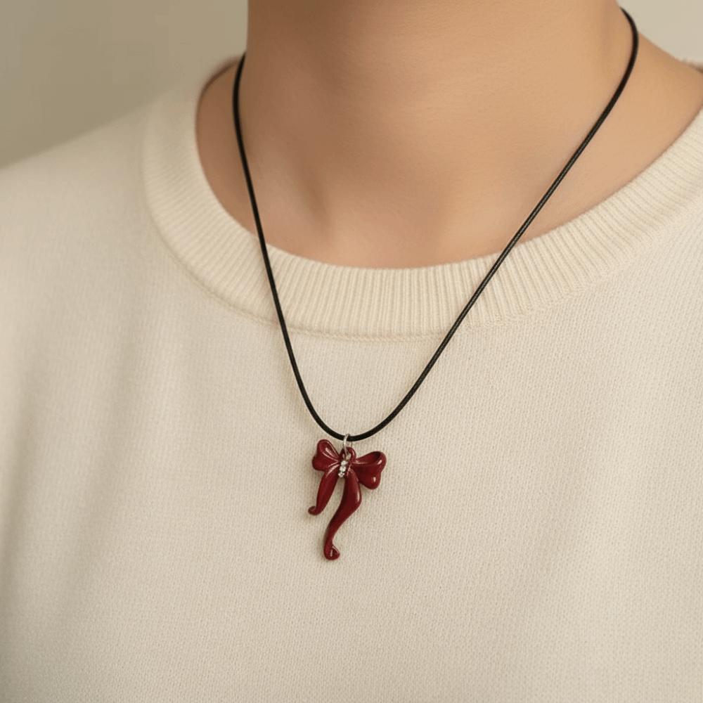 Sweet Leather Rope Necklace Red Clavicle Chain Gift Bowknot Pendant Necklace Fashion