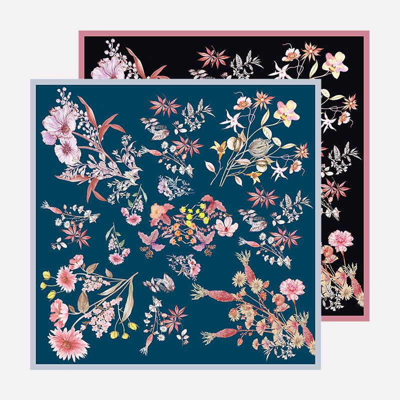 Floral SuHang Silk Scarf: Original Double-Sided Print, Large 90 Square, Real Silk 86x86CM