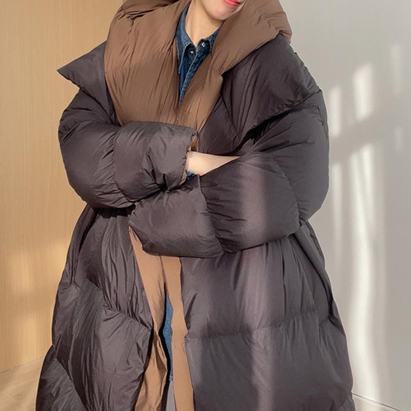 Contrasting color fake two-piece down jacket medium and long hooded warm white duck down jacket medium and long women's clothing winter