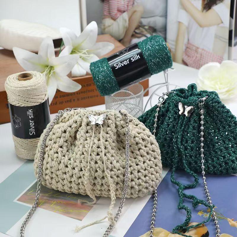 150g Sparkling Thread Silver Wire Hollow Cotton, 2mm Handmade DIY Crochet Butterfly Broken Silver Bag Hat Round Strand Yarn