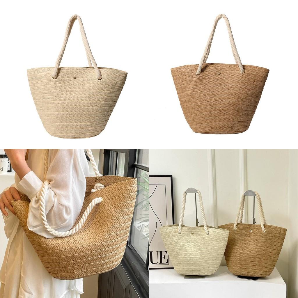 2024 Summer Stylish Large Capacity Woven Tote Bag For Women In Beige And Khaki For Casual Travel