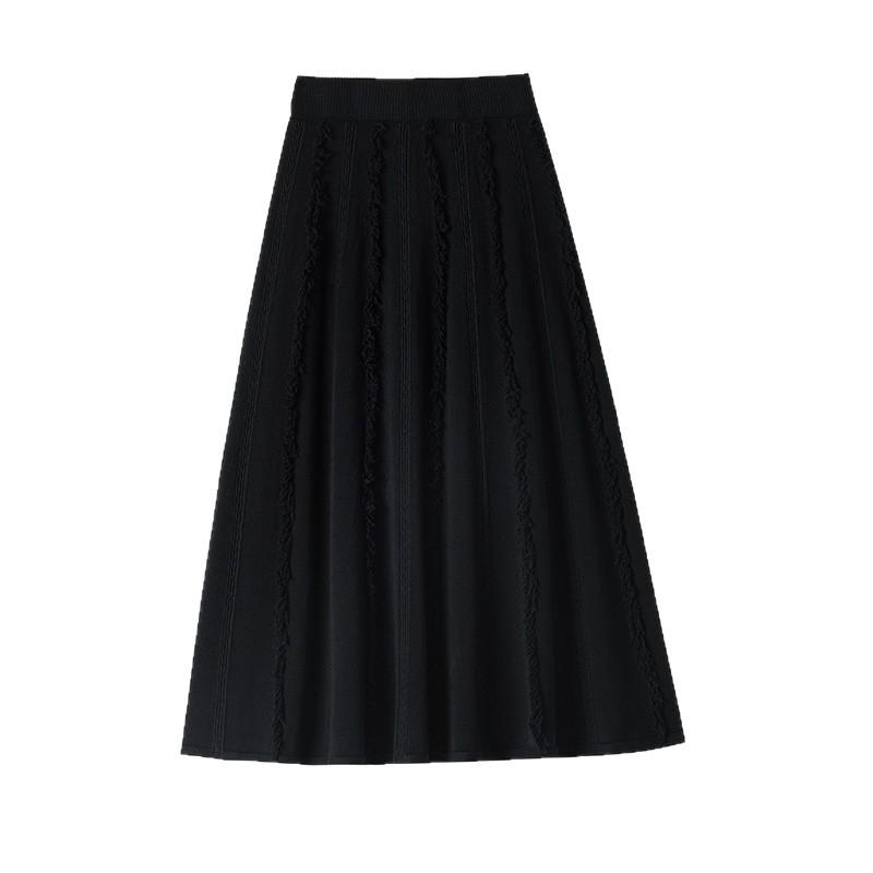 Women's Autumn-Winter White Wool Midi Skirt: High Waist, A-Line with Tassel Detail