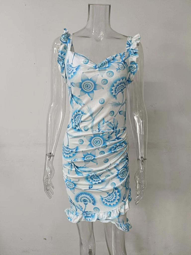 Summer 2026 Floral Print Ruffle Sleeveless V-neck Dress