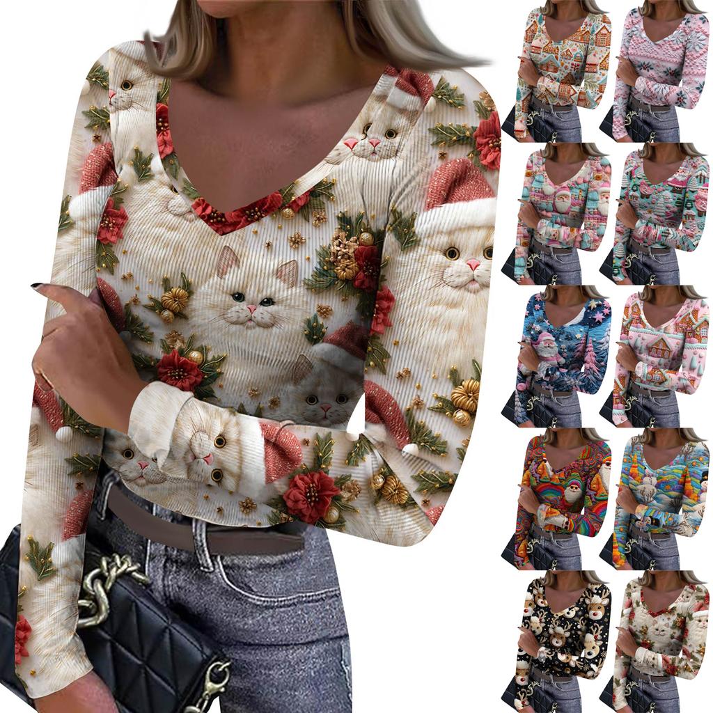 Women's Winter Slim-Fit Base Layer T-Shirt Fashionable Christmas Print V-Neck Pullover Long-Sleeved Top