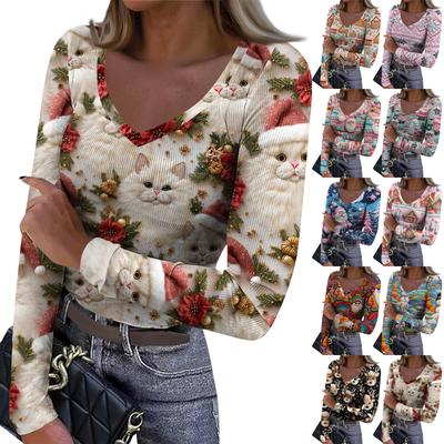 Damen Winter Slim-Fit Baselayer T-Shirt Modischer Weihnachtsdruck V-Ausschnitt Pullover Langarm-Top