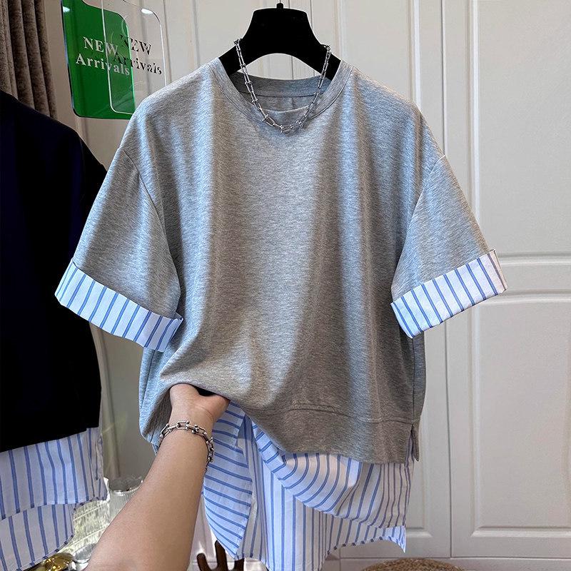 2026 Summer Plus Size Color Block Stripe Knit T-Shirt Short Sleeve Loose Two-Piece Design. 3XL