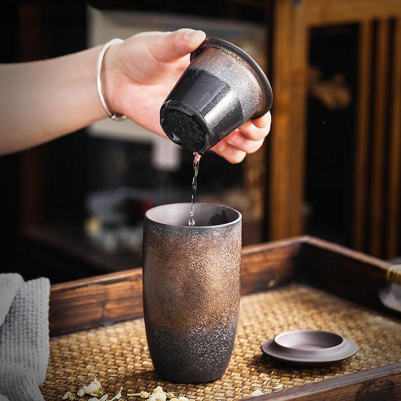 Large Retro Ceramic Tea Cup with Lid and Infuser Kung Fu Tea Set Coarse Pottery Office Coffee Cup Gift Saudi Arabia Dedicated