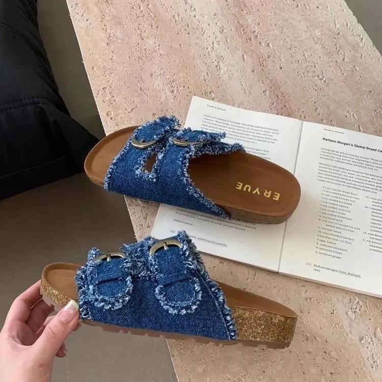 Nuova Moda Fibbia Cintura in Denim Suola Spessa Da Esterno 2024 Estate Infradito Piatte Donna