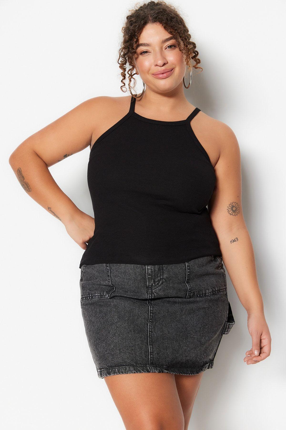 

Women s Fashion Black Halter Neck Basic Knitted Undershirt 2XL