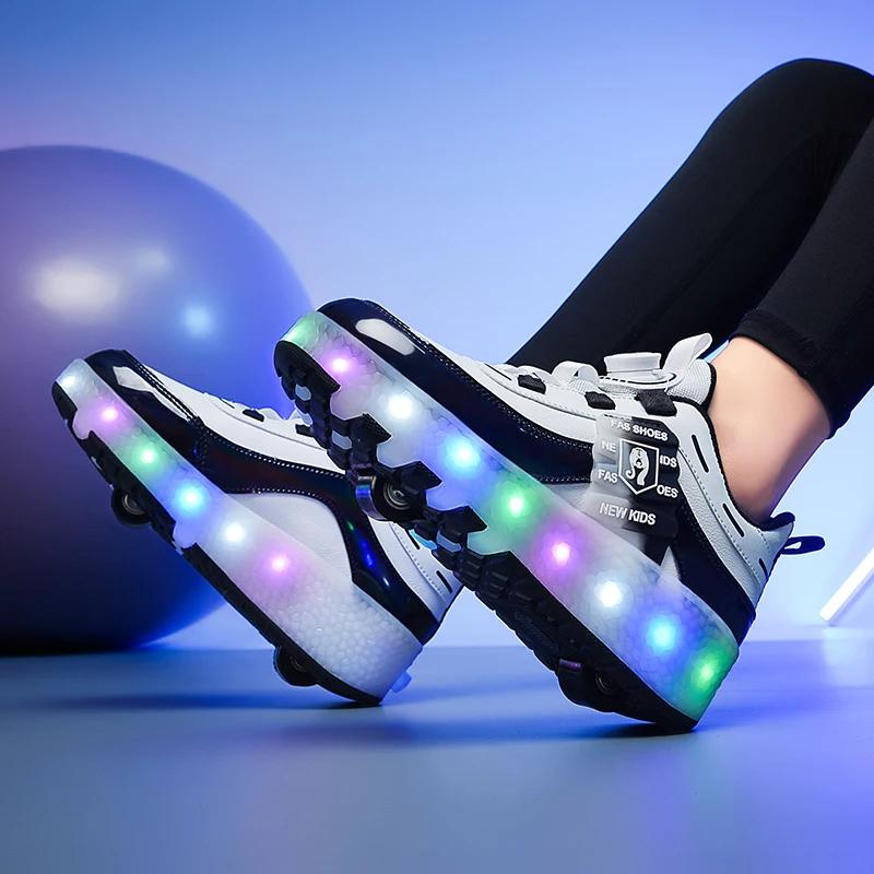 Kids LED Racing Roller Skates Shoe With 2 Wheels Children's Speed Skate For Girl And Boy Sneakers Skates With Removable Wheels