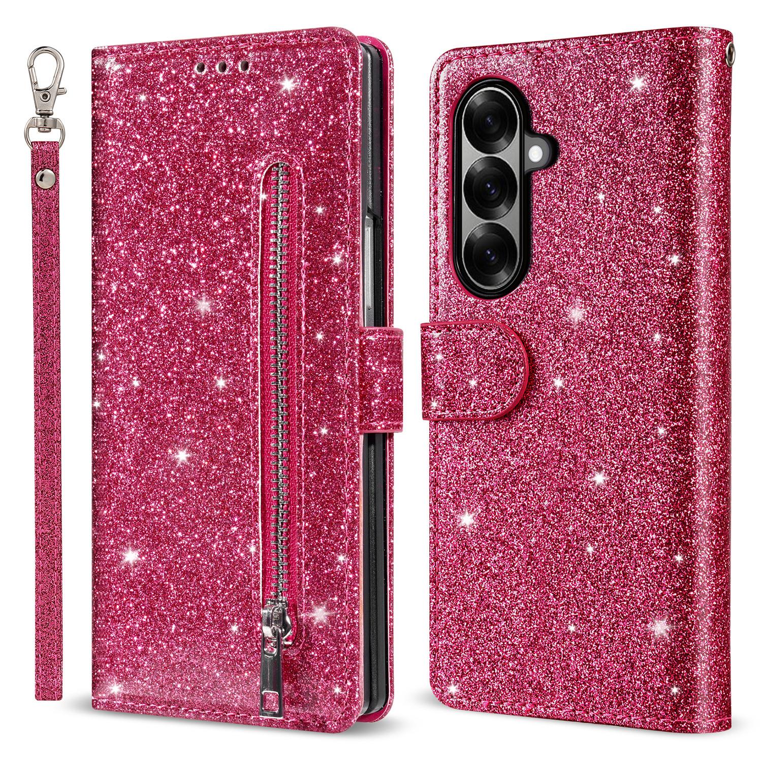 

For Samsung Galaxy Z Fold7 5G PU+PC Stand Case Glitter Phone Leather Cover Zipper Pocket with Strap Rose
