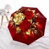 Golden Red Rose Bouquet Circular Wall Art Print Poster Umbrella, Cute Umbrella with Cute Design, Portable 3-Fold Compact Umbrella for Men & Women, Val