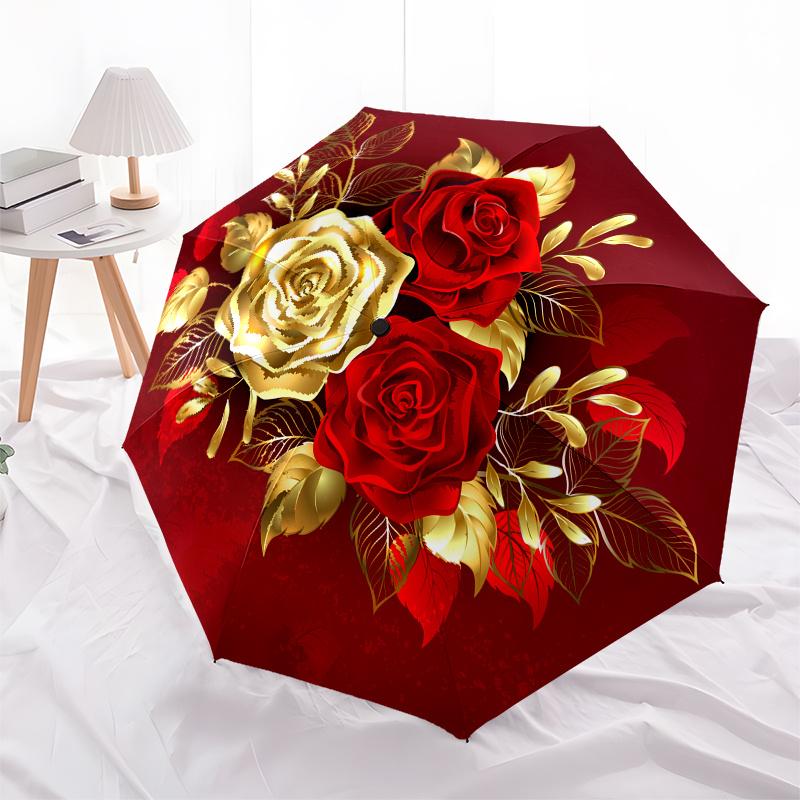 Golden Red Rose Bouquet Circular Wall Art Print Poster Umbrella, Cute Umbrella with Cute Design, Portable 3-Fold Compact Umbrella for Men & Women, Val
