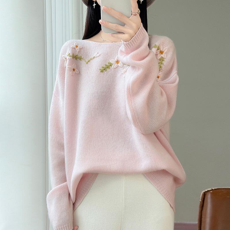 2026 A/W Women's One-Shoulder Embroidered Wool Sweater Top