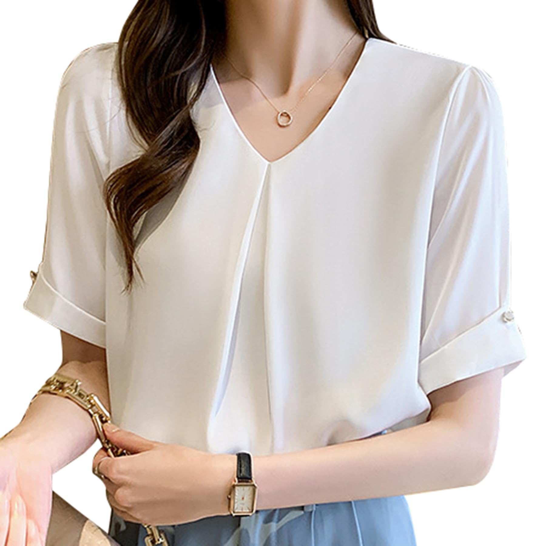 

Короткий шифоновый короткий рукав свободный, прикрывающий тело [Lalapala] Женская блузка, Рукав, Лето, Рубашка, V-образный вырез, Стильный, Тонкий, Аккуратный, Рубашка, Топ, Пуловер, белый