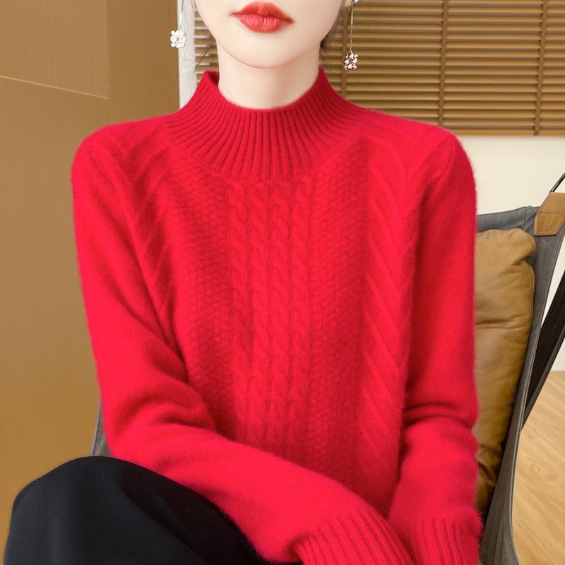 2024 Women's Thick Wool Cable Knit Half-High Neck Pullover Sweater for Autumn and Winter.