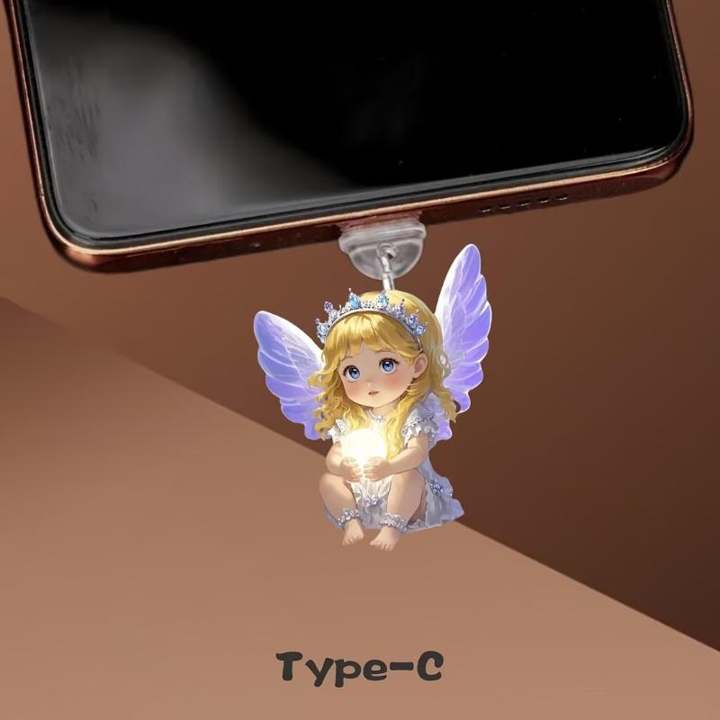2Pcs Diy Accessories For Phone Type-C Interface Dust Plug Hanging Decoration 2D Flat Acrylic Angel Fairy Cat Phone Dust Plug