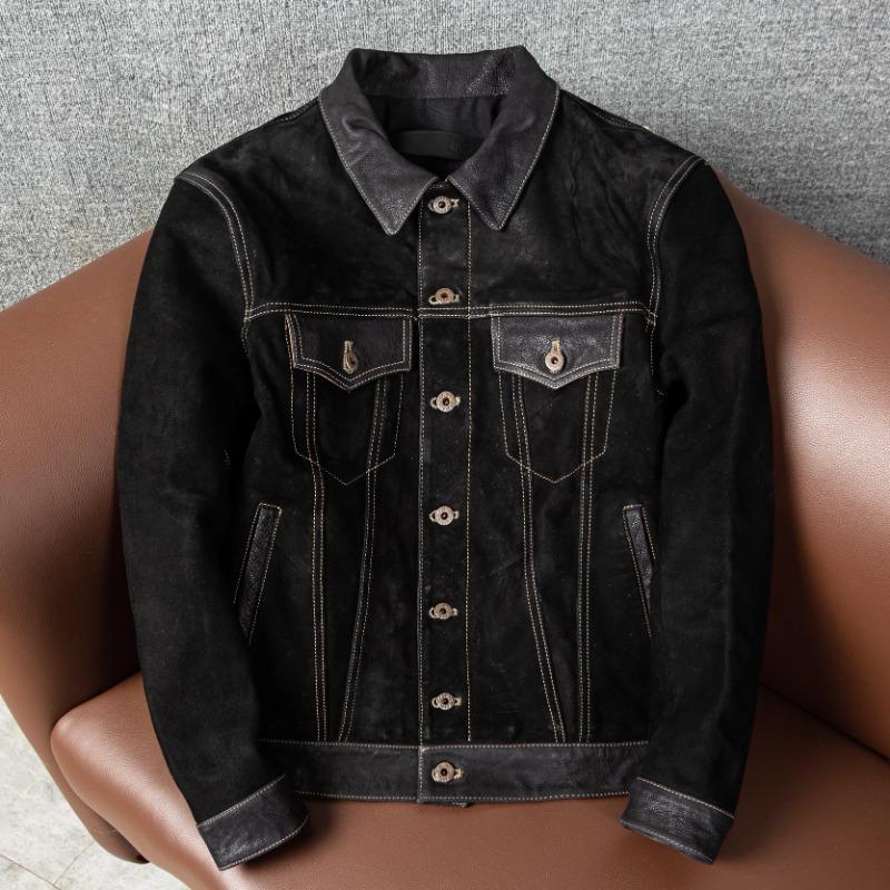 Genuine Suede Leather Jacket for Men Stylish Slim Fit Short Coat with Lapel Collar Autumn Winter Outerwear