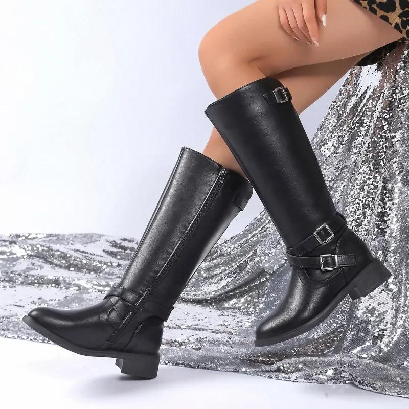 Damenschuhe Seitlicher Reißverschluss Damenstiefel Mode Gürtelschnalle Moderne Stiefel Damen Neue runde Zehenpartie Quadratischer Absatz Kniehohe Stiefel