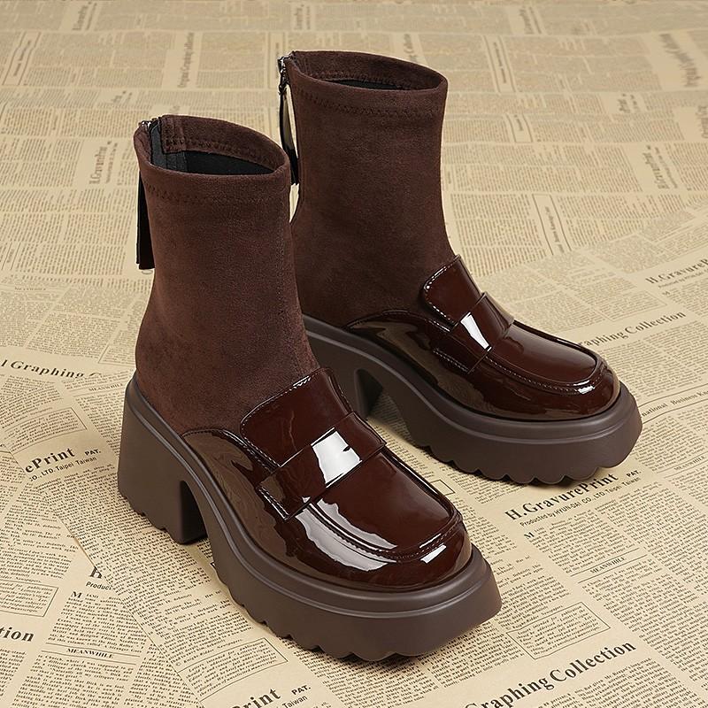 Women's Thick Heel Cotton Boots Winter New Round Head Splicing Elastic Cloth Back Zipper Thick Sole Non-slip Short Boots