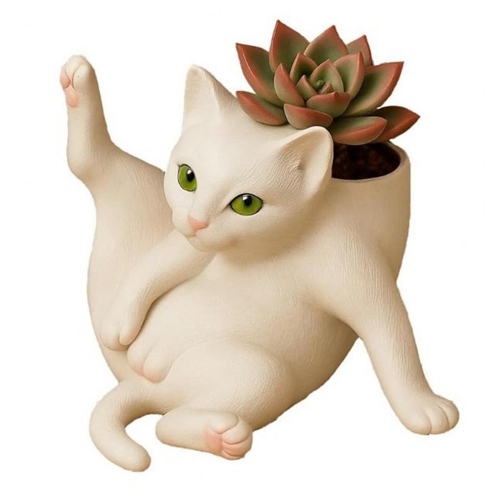 Cat Flower Pot Planter Pot Adorable Cat-shaped Flower Pot Set for Stress Relief Office Decor Fun Grooming Cat for Indoor