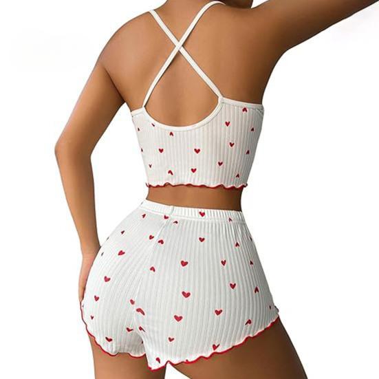 2 Pcs/Set Women Vest Shorts Suit Bow Heart Print Sleeveless Shirring Top High Waist Short Trousers Homewear Loungewear Outfit Summer Sleepwear
