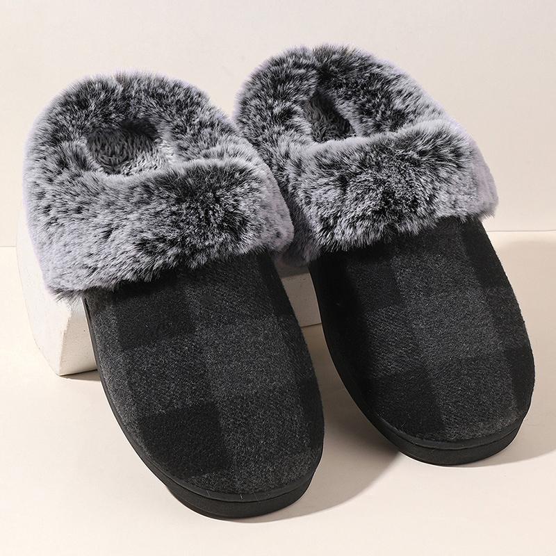 Fashion Retro Plaid Plush Slippers for Women Soft Faux Fur House Cotton Slippers Woman Winter Slip On Non Slip Furry Slides Female