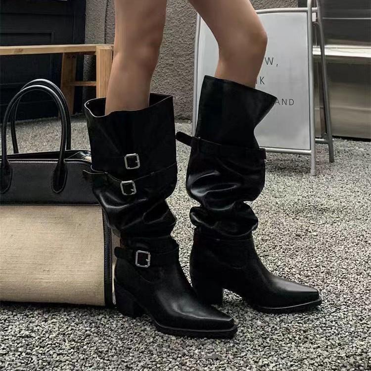 Autumn/Winter New Stacking Boots Thick Heel Pointed Belt Buckle High Barrel Knight Boots Spicy Girl Wide Long Boots