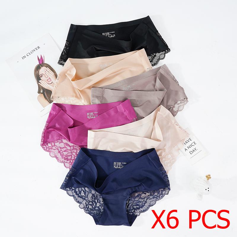 Women Traceless Ice Silk Underwear Luxury Pearled Lace Stitching Triangle Briefs