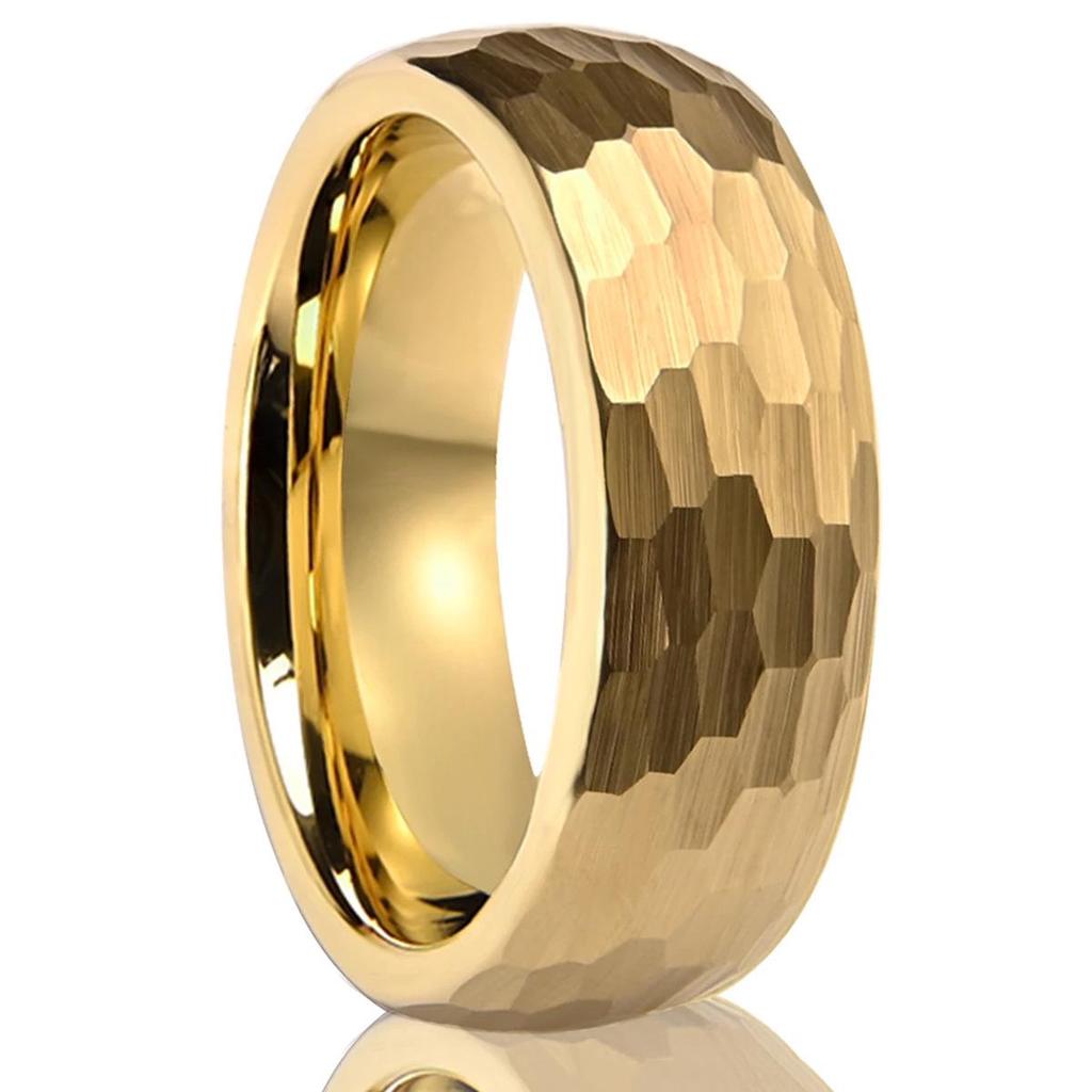 8mm Breiter Wolframring - Handgehämmerte Matte Oberfläche mit 18K Goldgalvanisierung