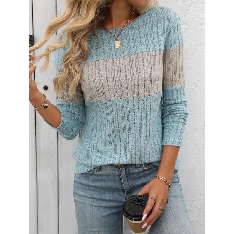 Spring and Autumn Women's Casual Colour Block Pit Stripe Long Sleeve Top