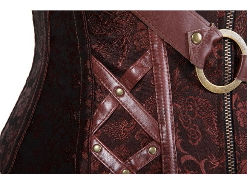 Europejski Styl Brązowy Skórzany Gorset z Paskiem i Halterem, z 14 Stalowymi Fiszbinami - Punkowy Kombinezon Modowy.