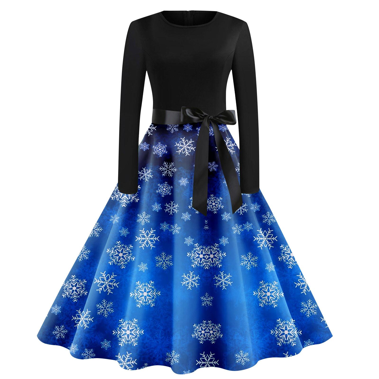 

Женское винтажное классическое платье с воротником на талии и галстуком-бабочкой с длинными рукавами и рождественским принтом, с круглым вырезом, свободное платье L