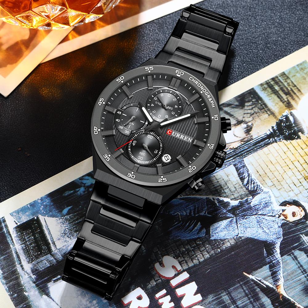 CURREN Sporty Elegant 43mm Men's Chronograph Dial Watch with Stainless Steel Band Luminous Hands Quartzt Wristwatch for Men