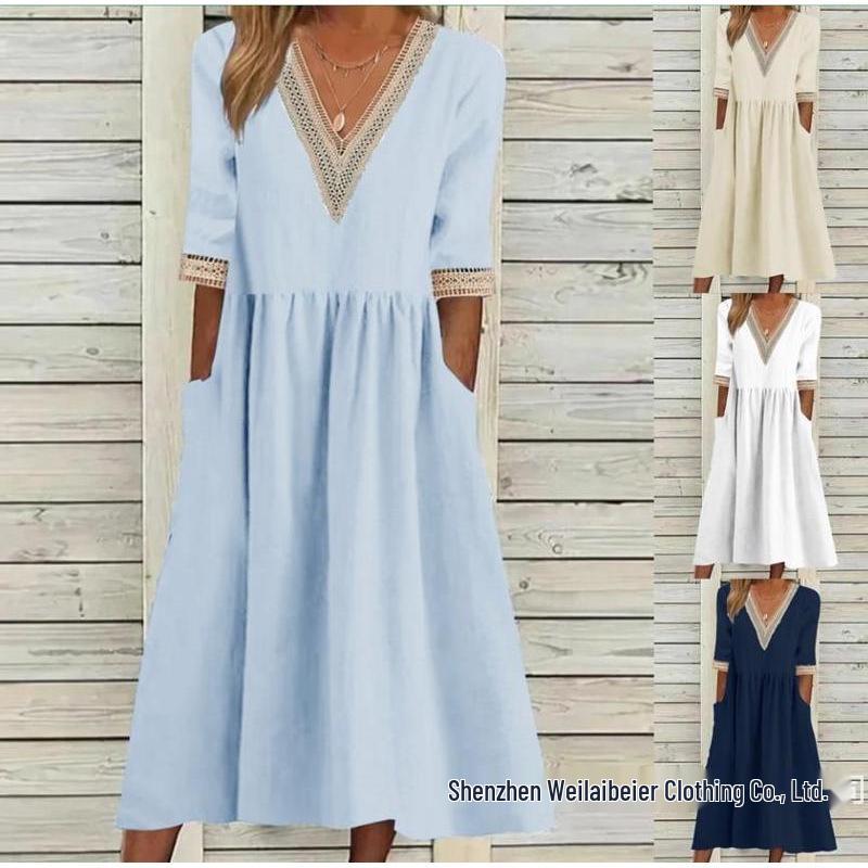 European & American Plus Size Women's Loose Cotton Linen Floral Lace V-Neck Mid-Length Dress with Five-Point Sleeves