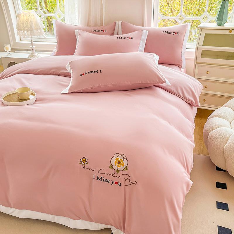 Ins Korean Version of Washed Cotton Bedding Four-piece Set Bed Sheet Quilt Cover Embroidery Dormitory Bedding Three-piece Set