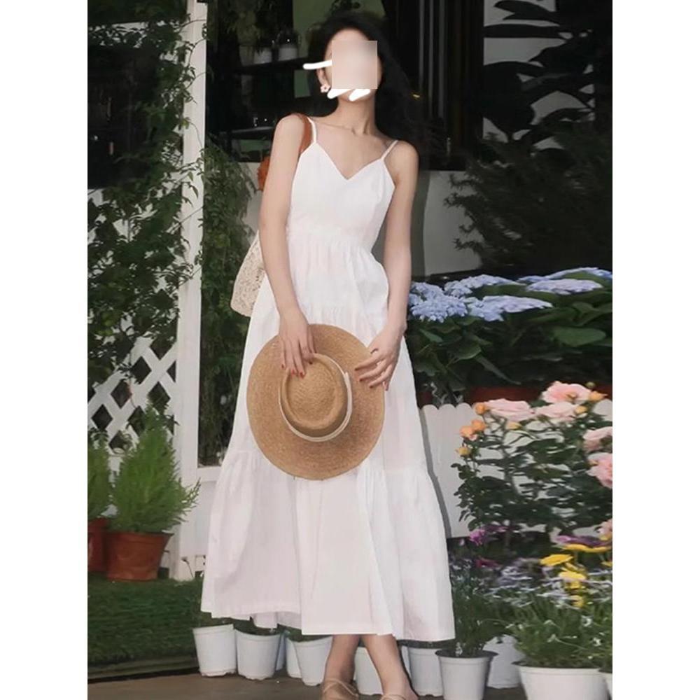 Rochie albă cu bretele și decolteu în V, de vară, casual, nouă, subțire, pentru vacanță la malul mării, rochie cu talie