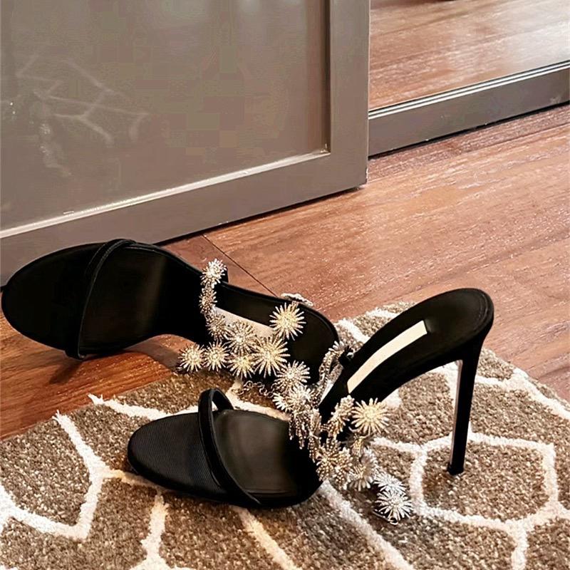 2025 New Open-Toe Rhinestone Chain One-Line Buckle Sandals Women'S Black Silk Frosted Crystal Stiletto Heels