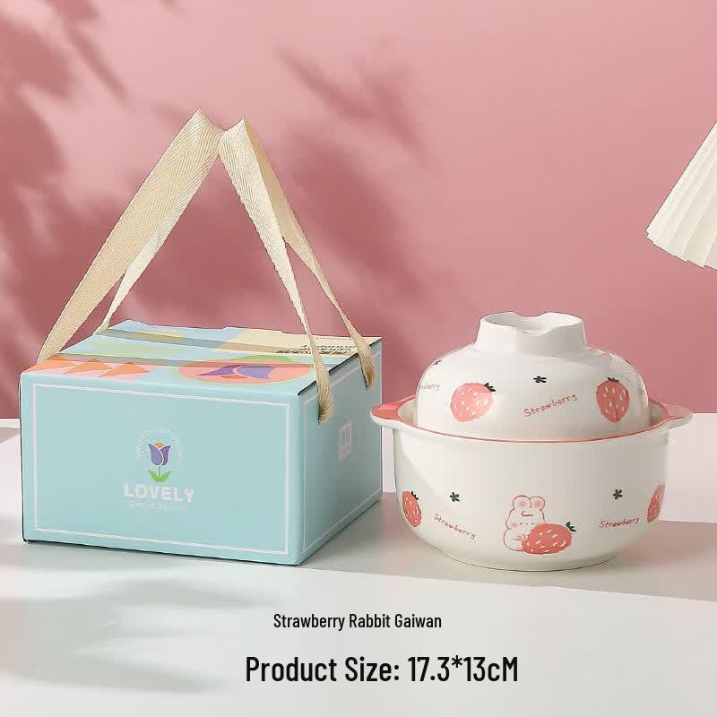 

SHUNJU Strawberry Rabbit Lidded Double-Handle Soup & Noodle Bowl Gift Set