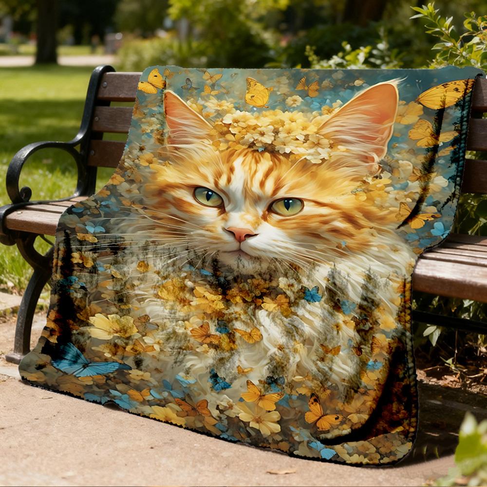 1pc Floral Cat Butterfly Print Outdoor Flannel Blanket , Machine Washable Perfect Gift for Birthday , Holiday Travel Accessory , Durable Material