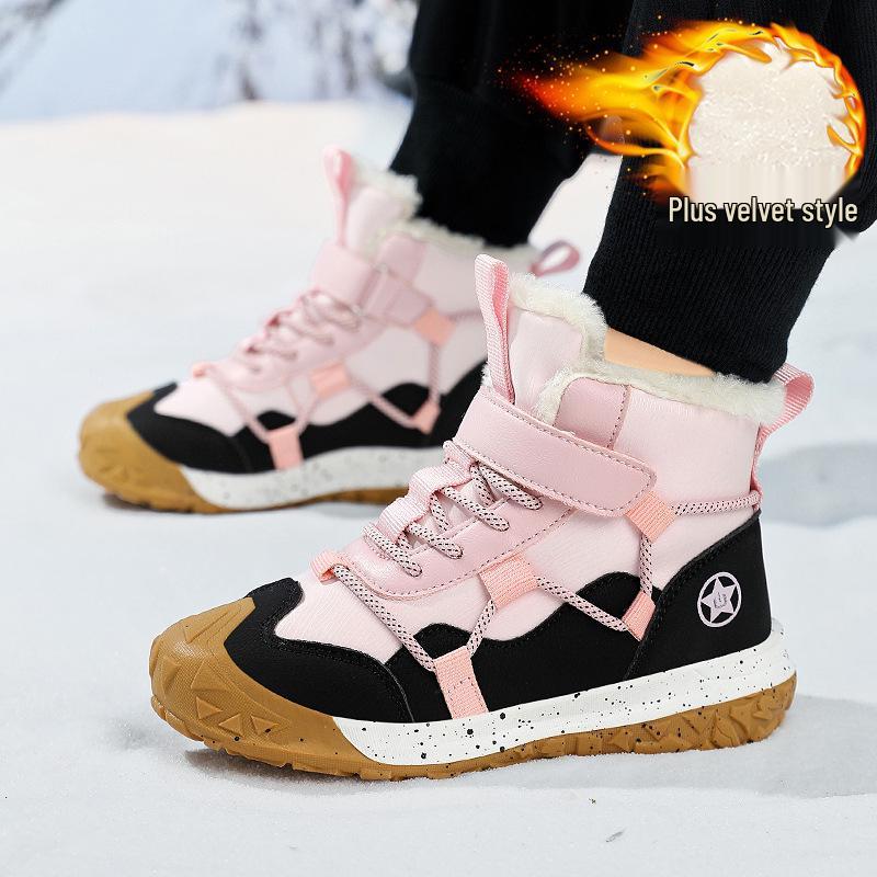 

Red Boys Winter Snow Boots, Waterproof Leather, Velvet Lined, Thickened for Warmth. 35 чорний/рожевий