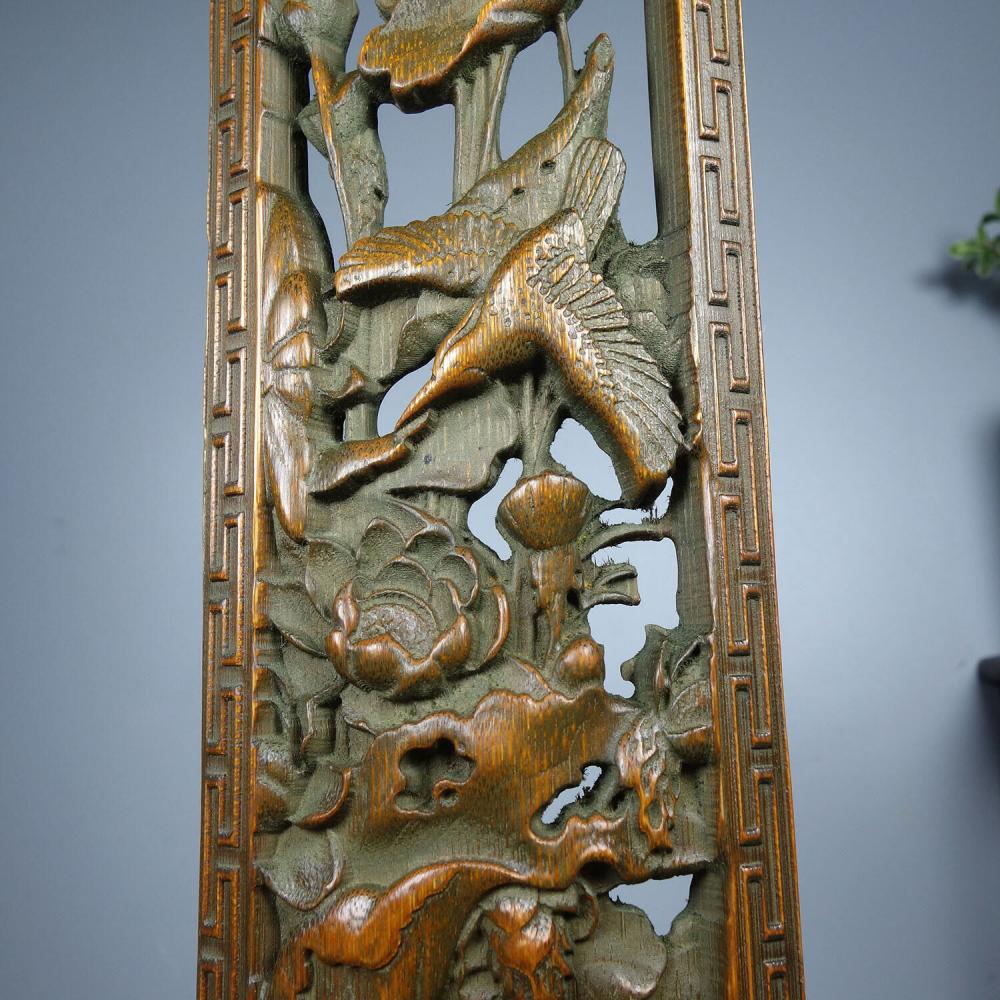 Chinese Antique Vintage Bamboo Carving Flower Bird Statue Exquisite Arm Pillow