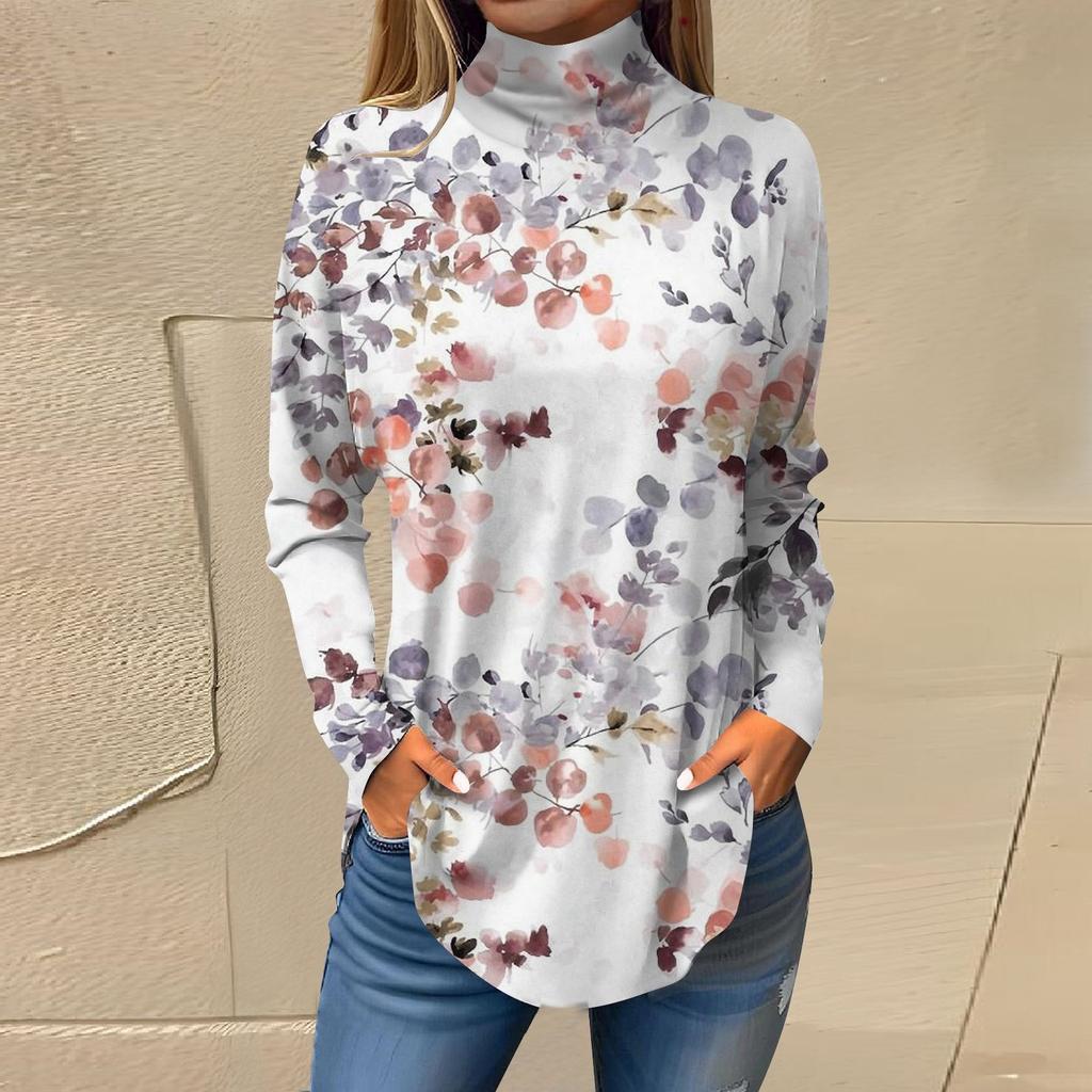 Women's Loose High Neck Retro Floral Print Long Sleeved T-shirt Top Pullover