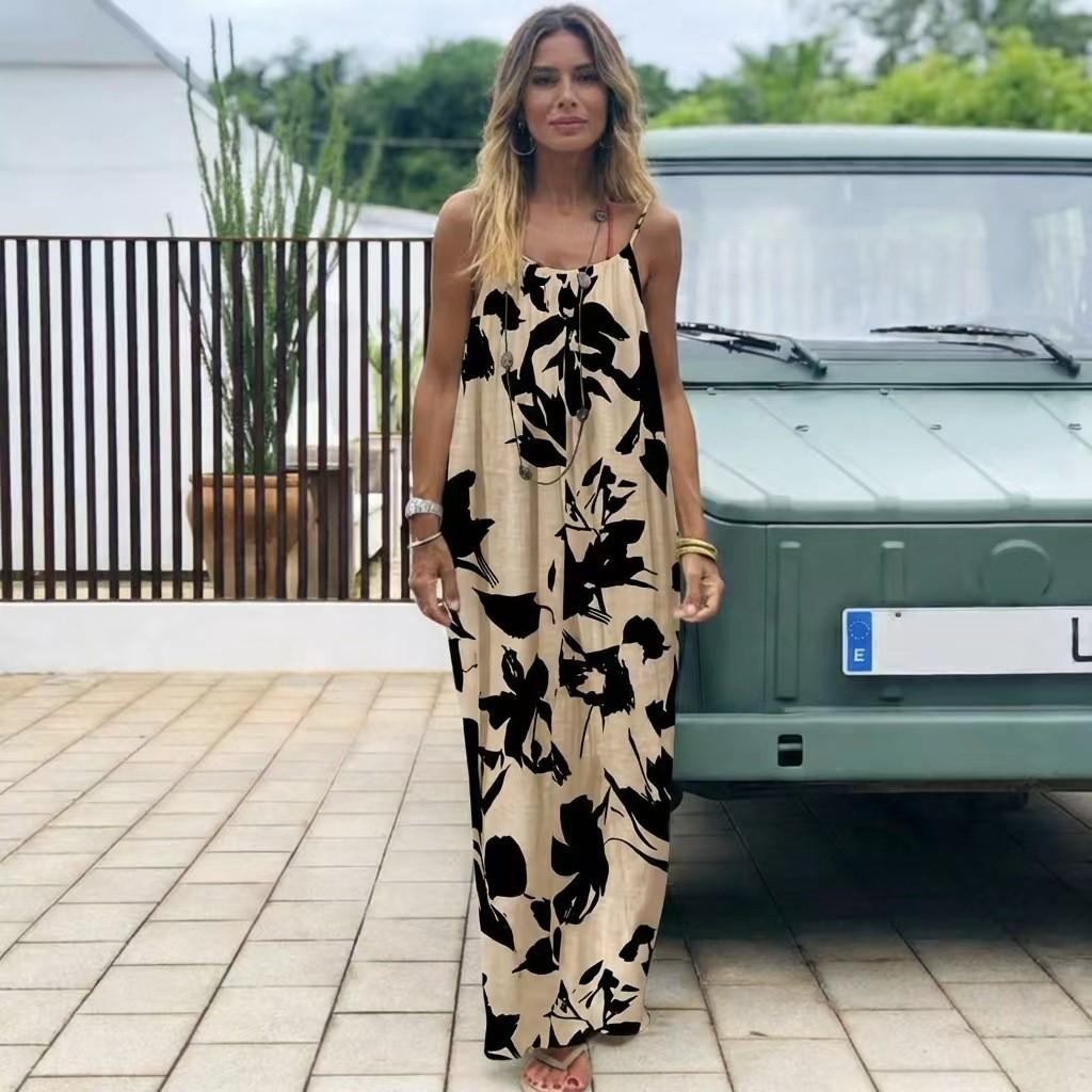 Summer Backless Print Maxi Dress With Tie Shoulder For Casual Beach Vacation Wear